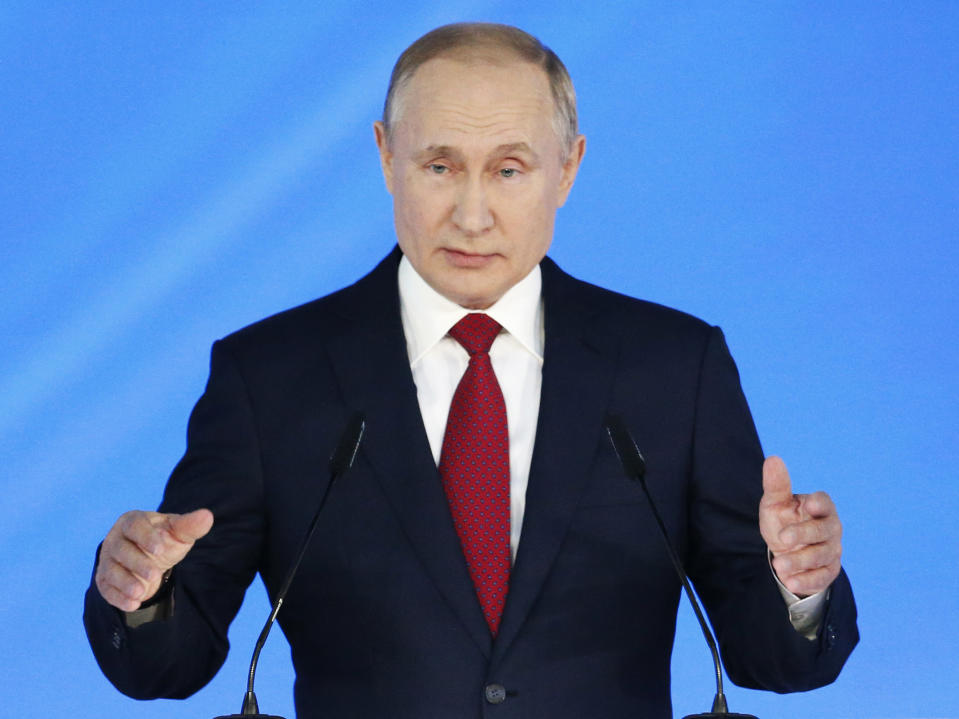 El presidente de Rusia, Vladimir Putin, se dirige al Consejo Estatal en Moscú, Rusia, el miércoles 15 de enero de 2020. (AP Foto/Alexander Zemlianichenko )