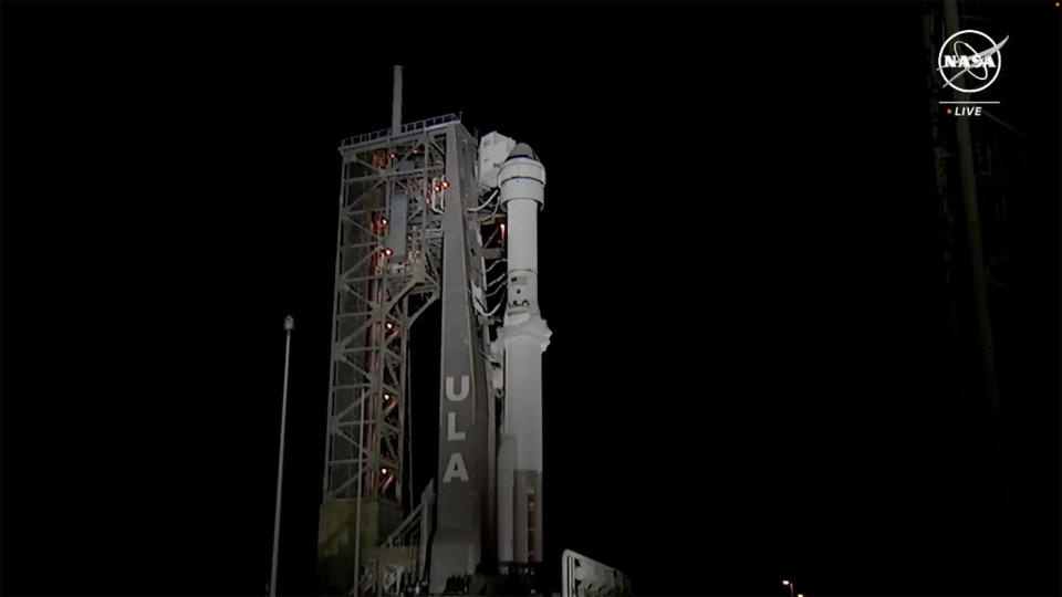 A view of the Atlas 5 rocket and Starliner crew capsule moments after the countdown to launch was called off due to problems with an upper stage oxygen relief valve. Launch is now on hold pending resolution of the valve issue. / Credit: NASA TV