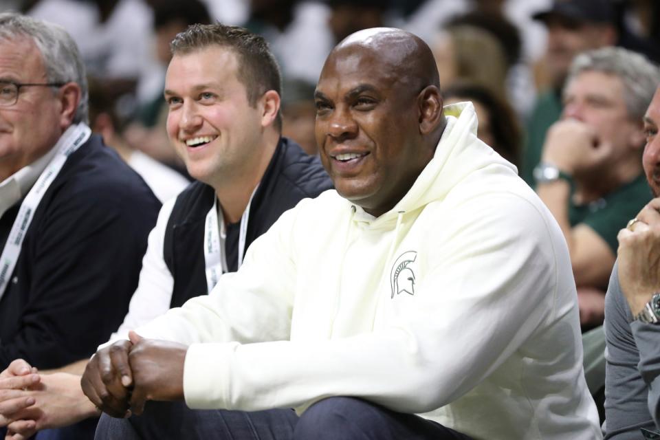 Then-Michigan State head football coach Mel Tucker attends the Spartans men's basketball team's win over University of Michigan on Jan. 7, 2023, the same month he claimed that extreme mental distress prevented him from speaking to the outside attorney investigating him for sexual harassment.