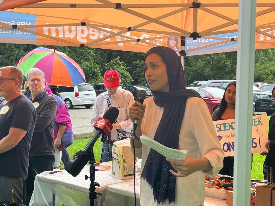 MP Doly Begum told a crowd in Scarborough on Sunday that her community will lose a world-class institution under the province's plan to move the Ontario Science Centre downtown. She wants to see the site repaired, not relocated.