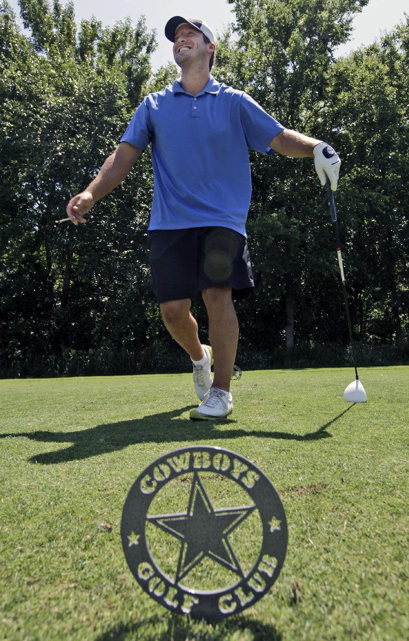Dallas Cowboys NFL football quarterback Tony Romo smiles after a tee shot during the Dallas Cowboys Annual Sponsor Appreciation Golf Classic at the Cowboys Golf Club, Wednesday, May 9, 2012, in Grapevine, Texas. (AP Photo/LM Otero)