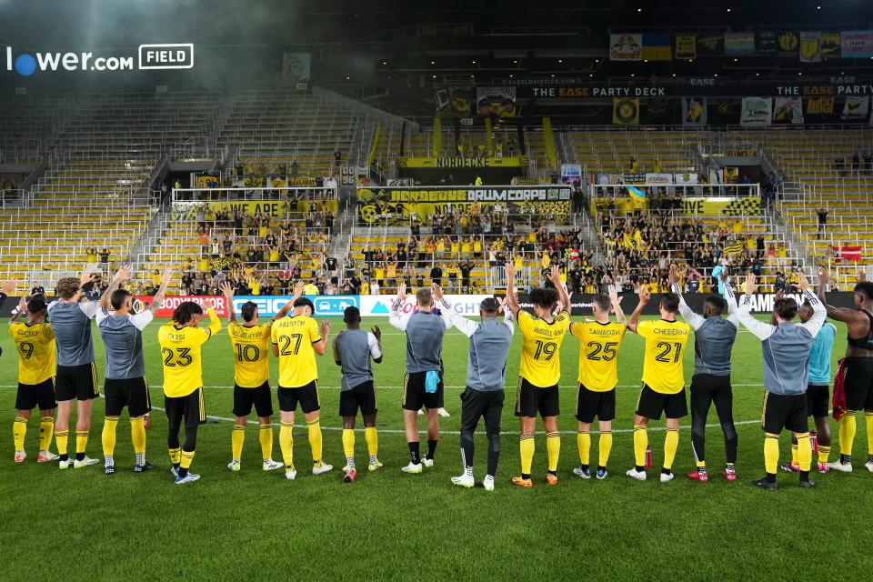 Jul 23, 2023; Columbus, Ohio, USA;  Columbus Crew players salute the fans following the Leagues Cup match against the St. Louis City at Lower.com Field. The Crew won 2-1.