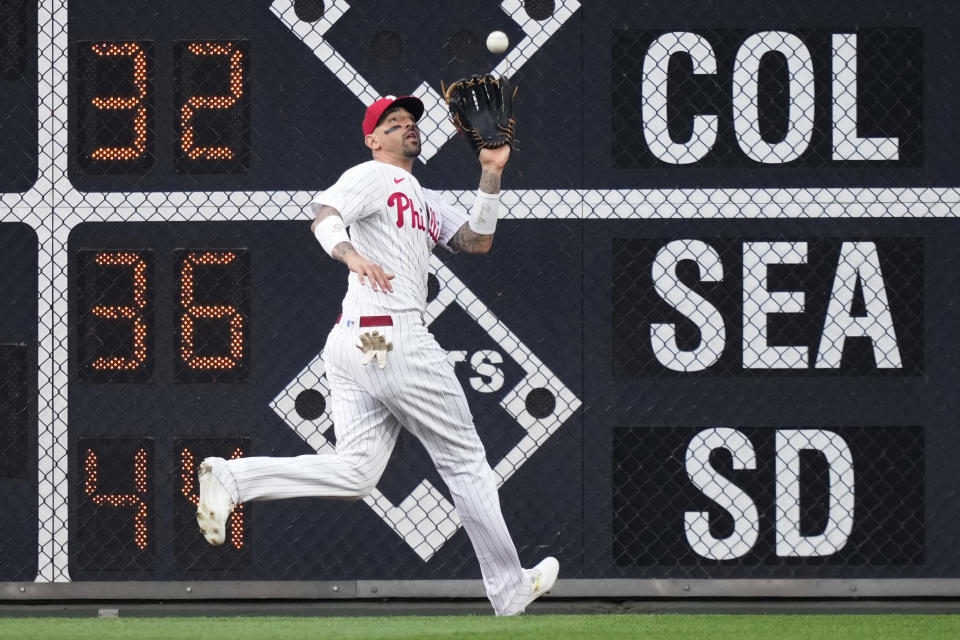 Philadelphia Phillies right fielder Nick Castellanos catches a fly out by Detroit Tigers' Nick Maton during the second inning of a baseball game, Tuesday, June 6, 2023, in Philadelphia. (AP Photo/Matt Slocum)