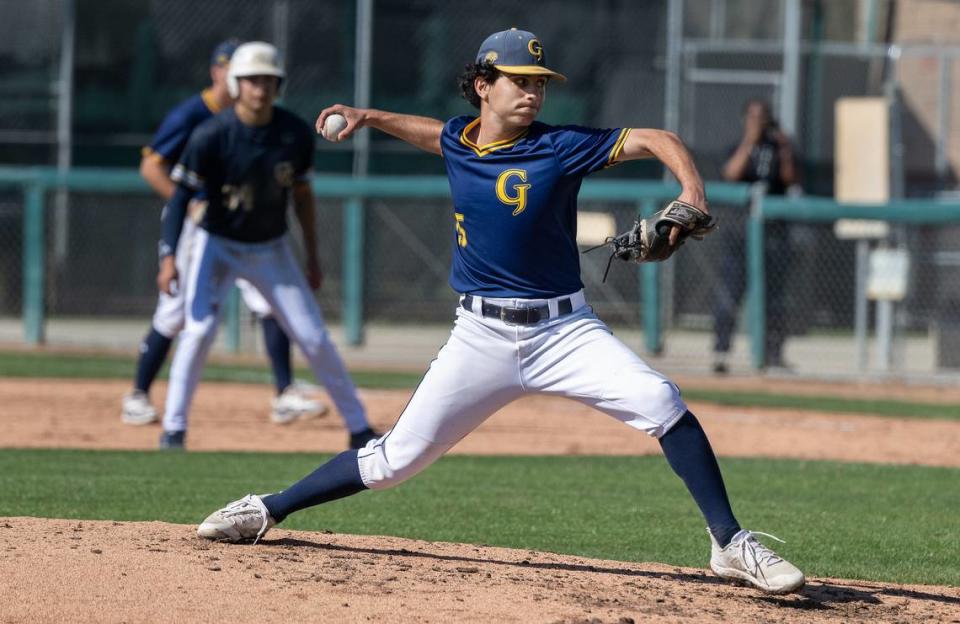 Gregori’s Dominic Joseph delivers a pitch during Modesto Nuts High School Baseball Showcase game with Central Catholic at John Thurman Field in Modesto, Calif., Saturday, March 16, 2024.