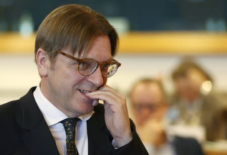 Member of the European Parliament (MEP) delegated to negotiate on the UK deal, Guy Verhofstadt arrives at the Conference of Presidents of European Parliament's party blocs in Brussels, Belgium, February 16, 2016. REUTERS/Francois Lenoir