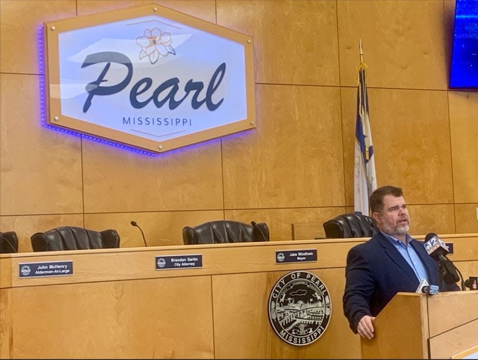Pearl Mayor Jake Windham addresses the internal investigation into a former police officer who forced an arrestee into licking his own urine off a holding cell floor at a Thursday news conference at Pearl City Hall in Pearl.