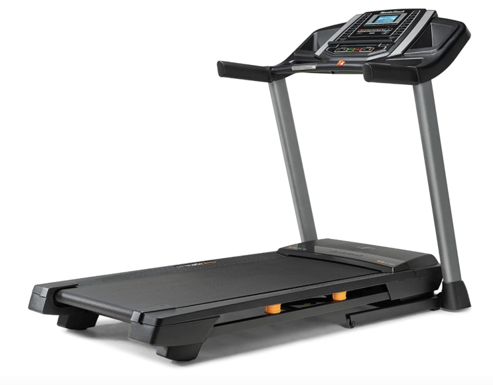 black NordicTrack T Series Treadmill for at home workouts