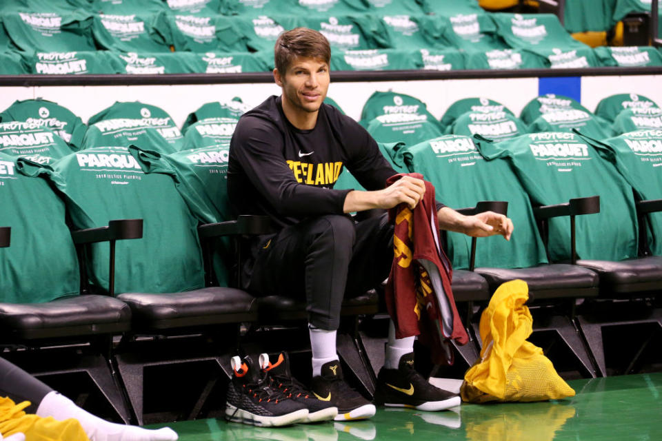 There is no truth to the rumor that Kyle Korver is still stuck on a bench inside TD Garden. (Getty Images)