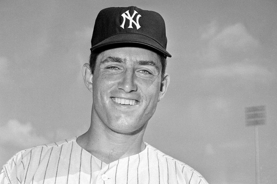 FILE - Fritz Peterson, left-handed pitcher for the New York Yankees, is shown in Florida in 1968. Peterson, the New York Yankees pitcher who created a controversy when he swapped wives and families with teammate Mike Kekich in 1973, died of lung cancer at his home in Winona, Minn., on Oct. 19, according to the death certificate filed with the Winona County Vital Records Department. He was 81. (AP Photo/File)