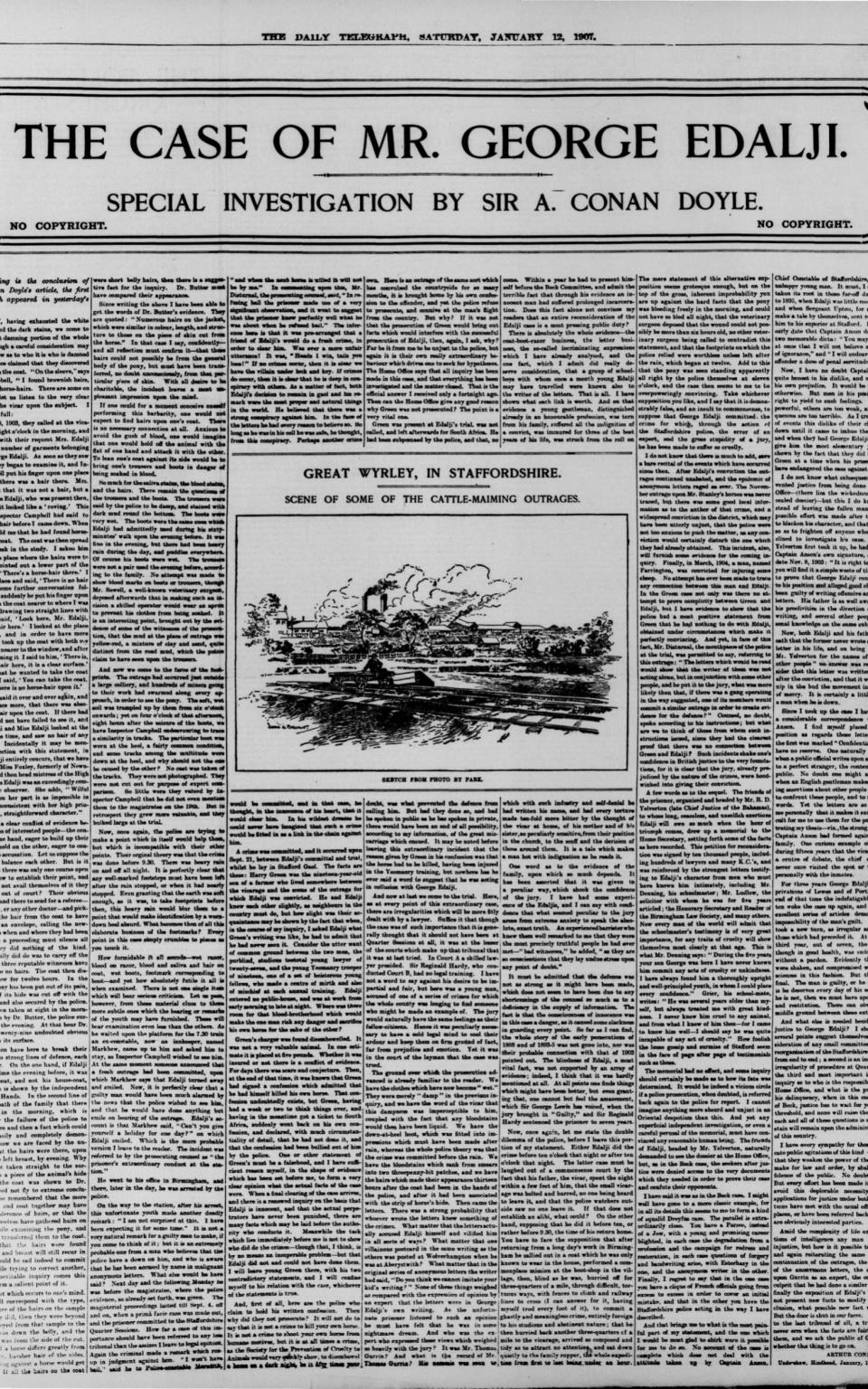 An article by Arthur Conan Doyle about George Edalji in The Daily Telegraph in January 1907