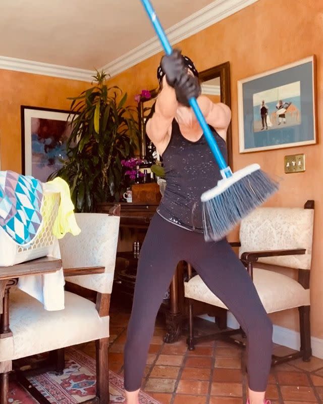 <p>While staying home amid the coronavirus pandemic, the actress got dressed to clean the house — but ended up dancing instead (which seems to be a fairly <a href="https://www.instagram.com/p/CAlYHV4jLbw/" rel="nofollow noopener" target="_blank" data-ylk="slk:common occurrence for her;elm:context_link;itc:0;sec:content-canvas" class="link ">common occurrence for her</a>). </p>