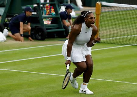 Britain Tennis - Wimbledon - All England Lawn Tennis & Croquet Club, Wimbledon, England - 1/7/16 USA's Serena Williams celebrates winning her match against USA's Christina McHale REUTERS/Stefan Wermuth