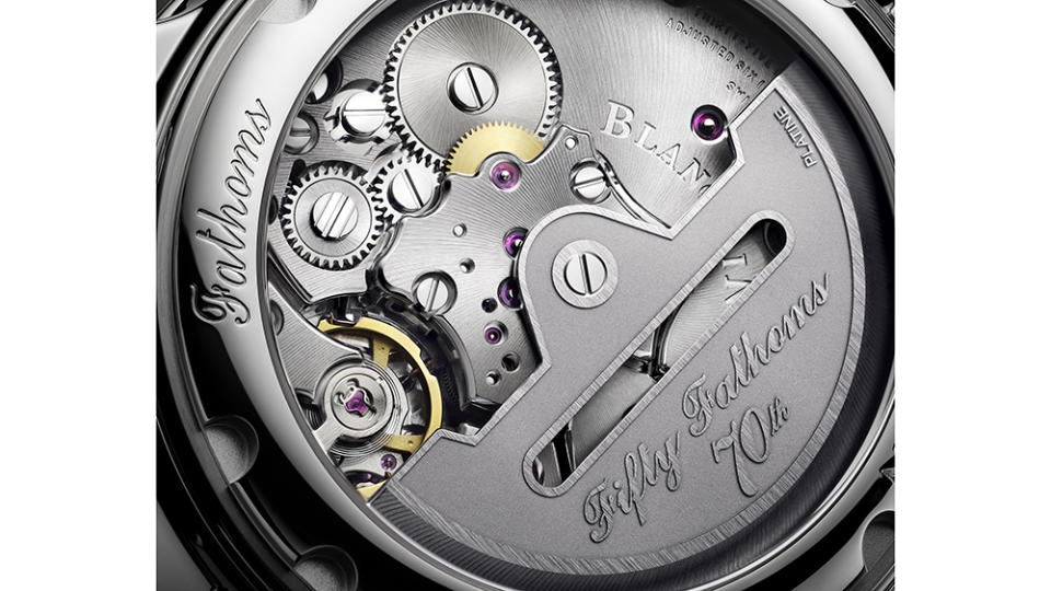 The latest Blancpain anniversary watch also features an oscillating weight that bears the “Fifty Fathoms 70th” logo