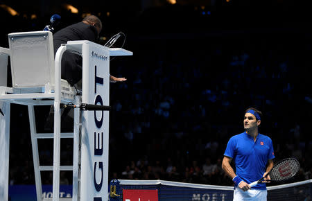 Tennis - ATP Finals - The O2, London, Britain - November 17, 2018 Switzerland's Roger Federer remonstrates with the umpire during his semi final match against Germany's Alexander Zverev Action Images via Reuters/Tony O'Brien