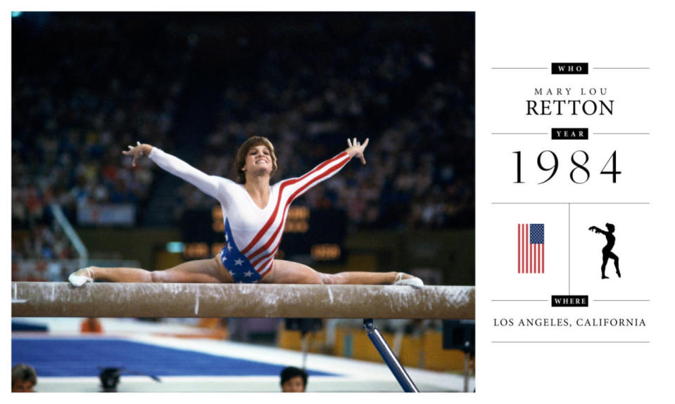 Mary Lou Retton dazzled at the 1984 Olympics, taking the gold in the all-around competition. In ’84, the leotards were white with a panel of stars and a panel of stripes that stretched from the bellybutton all the way to the sleeve. Back then, bedazzling was nonexistent.  