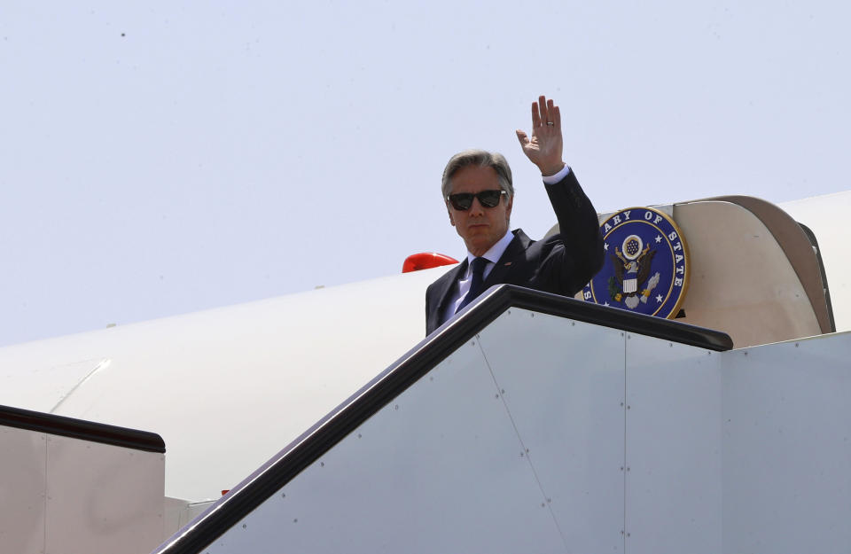 US Secretary of State Antony Blinken disembarks from an airplane as he arrives in Doha, Qatar, Wednesday, June 12, 2024. (Ibraheem Al Omari/Pool Photo via AP)