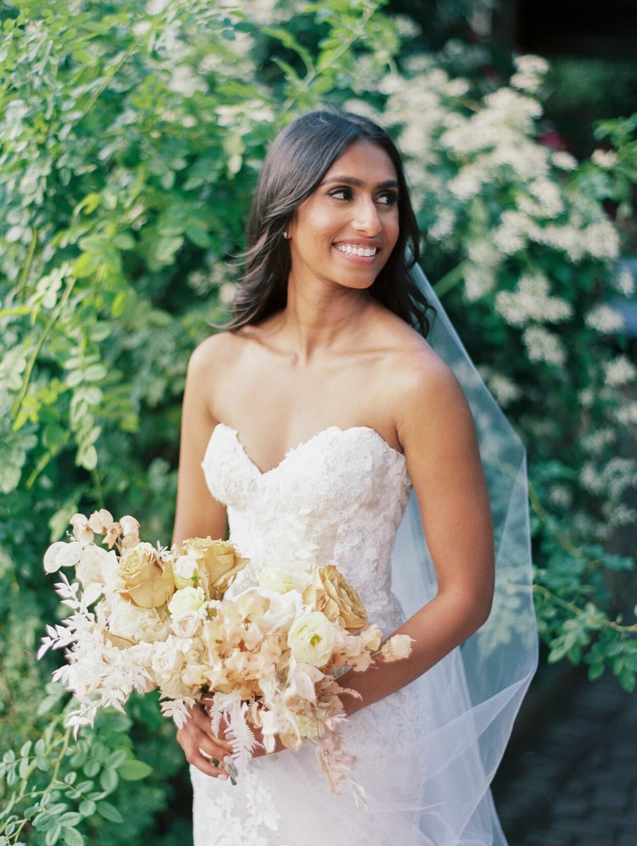 bride in floral lace sweetheart wedding dress