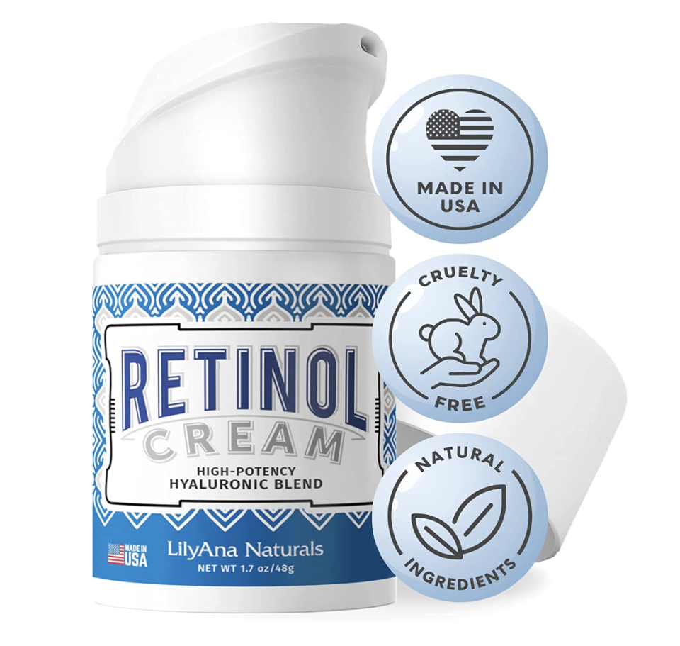 LilyAna Naturals Retinol Cream in blue and white bottle on white background (Photo via Amazon)