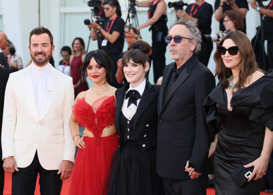 VENICE, ITALY - AUGUST 28: Justin Theroux, Jenna Ortega, Winona Ryder, Tim Burton and Monica Bellucci attend the red carpet for 