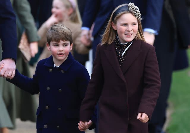 <p>Stephen Pond/Getty </p> Prince Louis and Mia Tindall on Christmas 2023