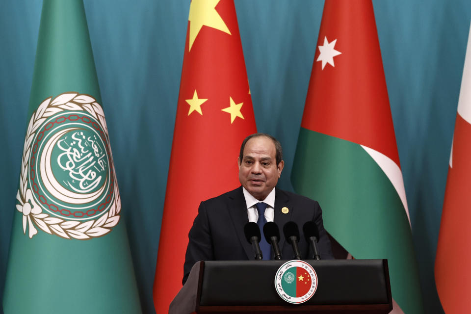 Egyptian President Abdel Fattah el-Sisi delivers a speech at the opening ceremony of the 10th ministerial meeting of the China-Arab States Cooperation Forum at the Diaoyutai State Guesthouse in Beijing Thursday, May 30, 2024. (Tingshu Wang/Pool Photo via AP)