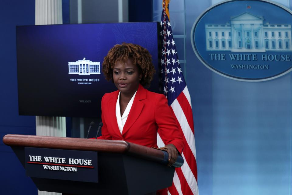 WASHINGTON, DC - JANUARY 20: White House Press Secretary Karine Jean-Pierre speaks during a White House daily news briefing at the James S. Brady Press Briefing Room of the White House on January 20, 2023 in Washington, DC. Press Secretary Karine Jean-Pierre held a daily briefing to answer questions from members of the press. (Photo by Alex Wong/Getty Images) ORG XMIT: 775926926 ORIG FILE ID: 1458009565