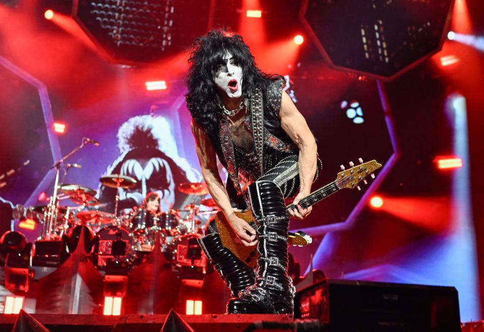 KISS' Paul Stanley engages in some gleeful showboating during the band's last-ever show at Madison Square Garden Dec. 2, 2023.