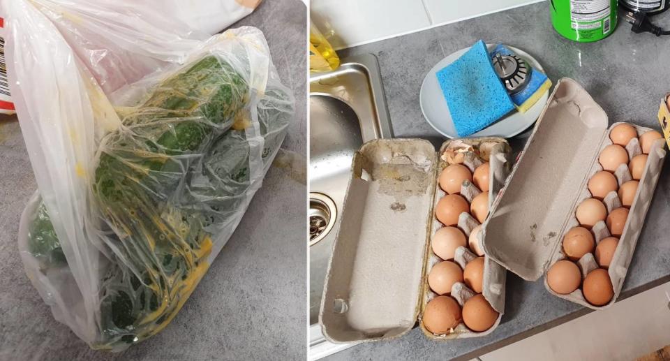 Zucchinis in bag covered in egg and broken eggs in cartons - from Coles delivery