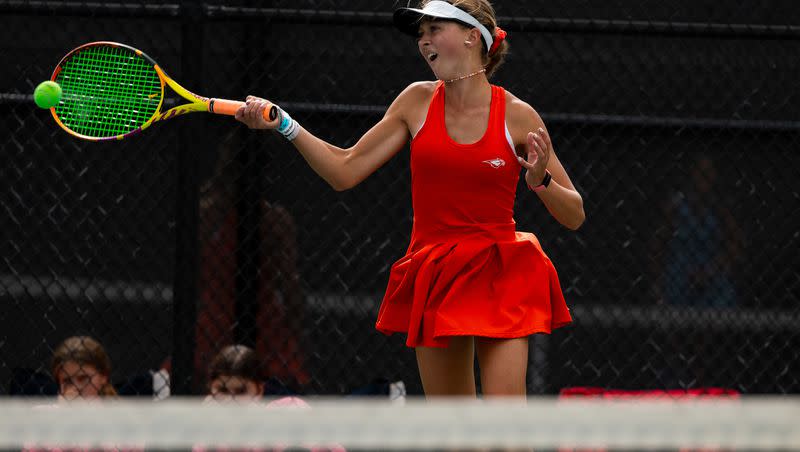 Skyridge’s Bella Lewis competes in the first singles finals against Layton’s Tia Christopulos during the 2023 6A Girls Tennis Championships at Liberty Park Tennis Courts in Salt Lake City on Saturday, Sept. 30, 2023. Lewis won the match.