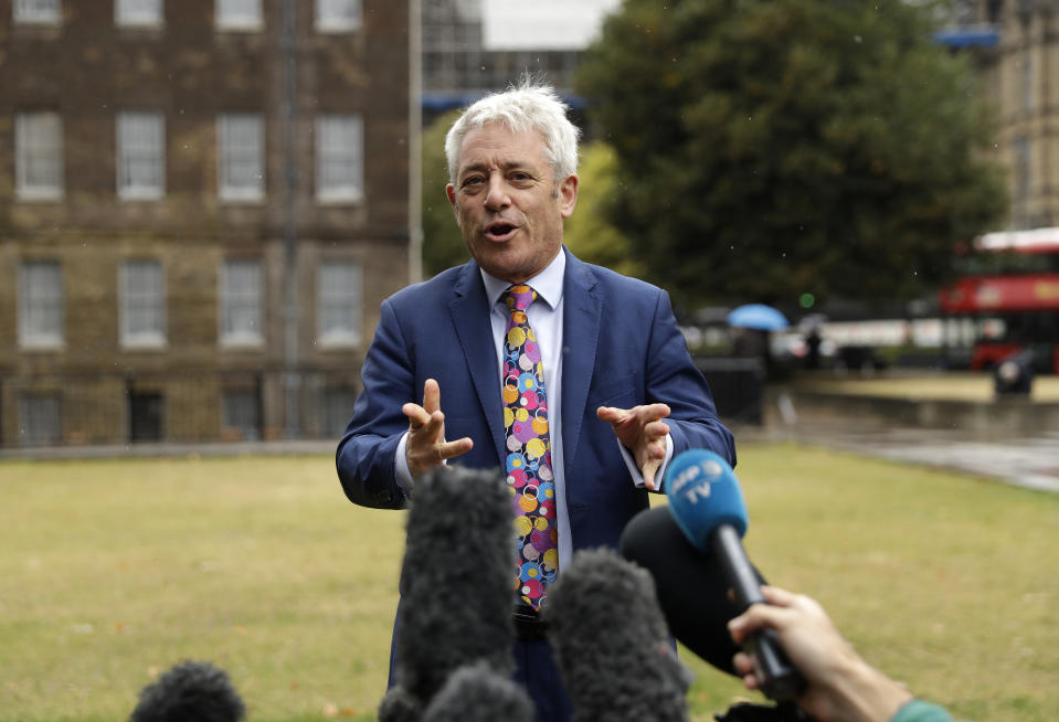 British politician John Bercow, Speaker of the House of Commons speaks outside the Houses of Parliament in London, Tuesday, Sept. 24, 2019. In a setback for British Prime Minister Boris Johnson, Britain's Supreme Court has ruled that the suspension of Parliament was illegal. The ruling Tuesday is a major blow to the prime minister who had suspended Parliament for five weeks, claiming it was a routine closure. (AP Photo/Matt Dunham)