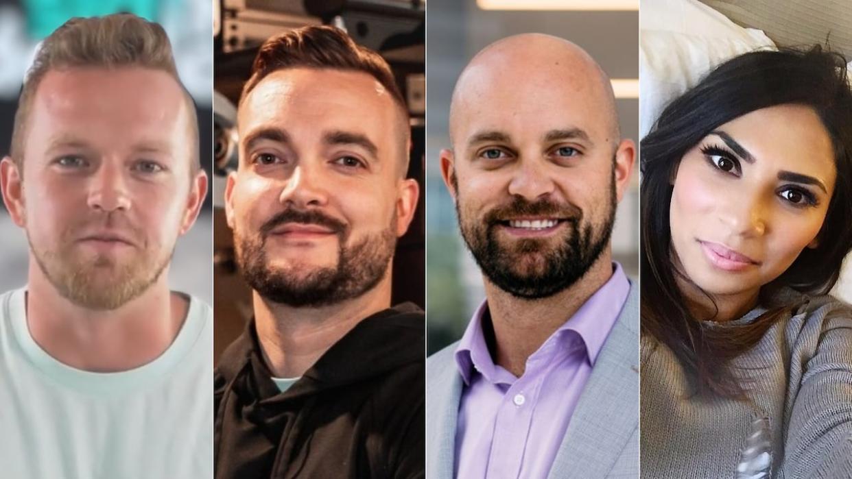 Ryan Molony, Robby Clark, Dylan Suitor and Aruba Butt, left to right, bought hundreds of rental properties across Ontario under a web of corporations. (siddevelopments/Instagram, robbywclark1/Facebook, Dylan Suitor/Facebook, robbywclark1/Facebook - image credit)