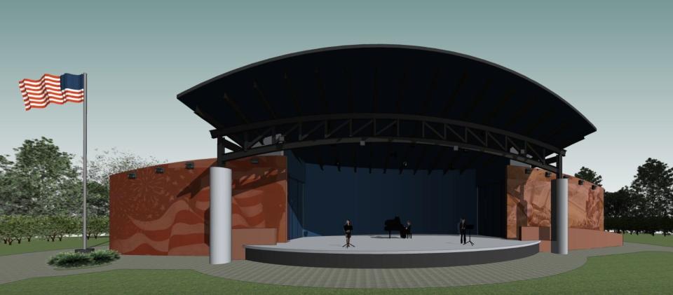 This artist's rendering shows the proposed 6,000-square-foot amphitheater stage that would be built inside the 82-acre Veterans Memorial Park on Merritt Island. The facility also would have a 1,721-square-foot bathroom/concession building as part of an overall $7.9 million facility.