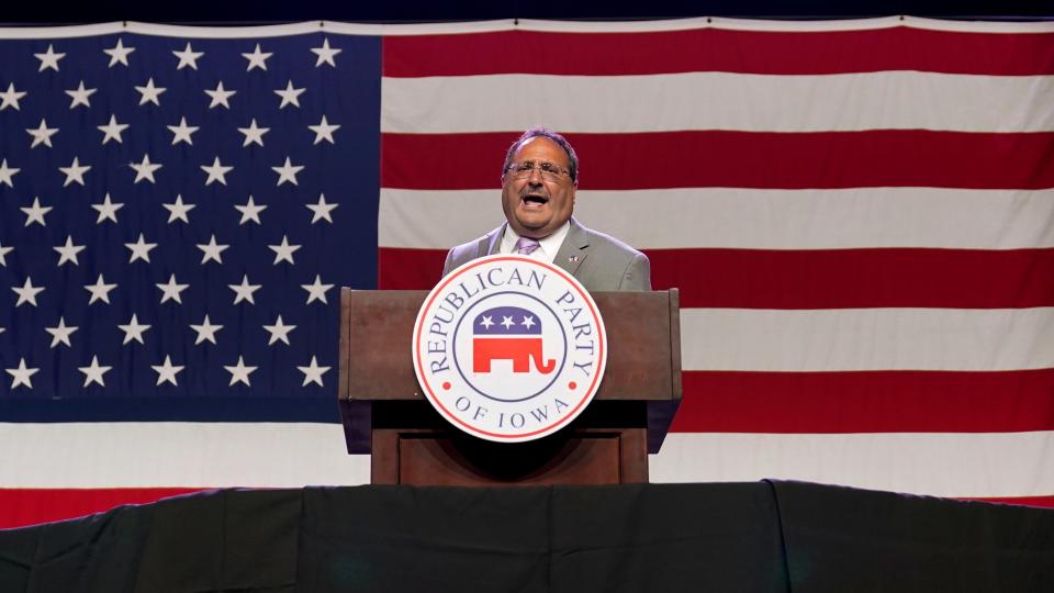 Republican Party of Iowa Chairman Jeff Kaufmann speaks at the Republican Party of Iowa's 2023 Lincoln Dinner in Des Moines, Iowa, Friday, July 28, 2023.