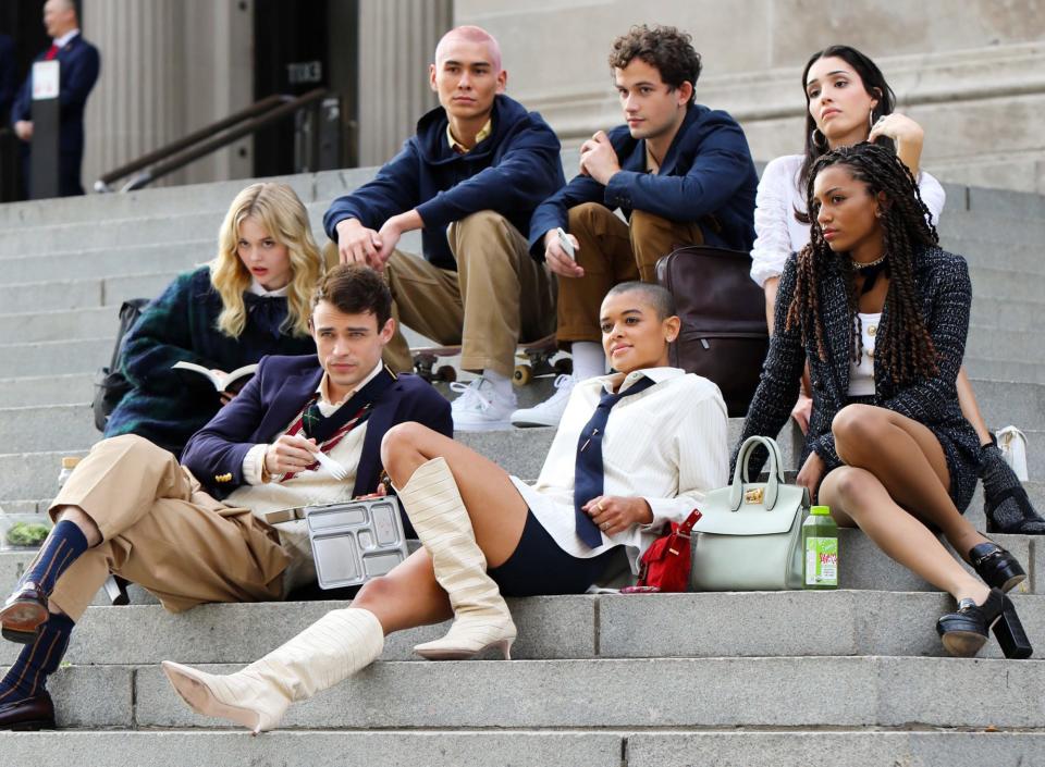 <p>The stars of the <em>Gossip Girl</em> reboot, Eli Brown, Zion Moreno, Jordan Alexander, Adam Chanler-Berat, Emily Alyn Lind, Savannah Smith and Thomas Doherty, are seen filming in N.Y.C. on Tuesday.</p>