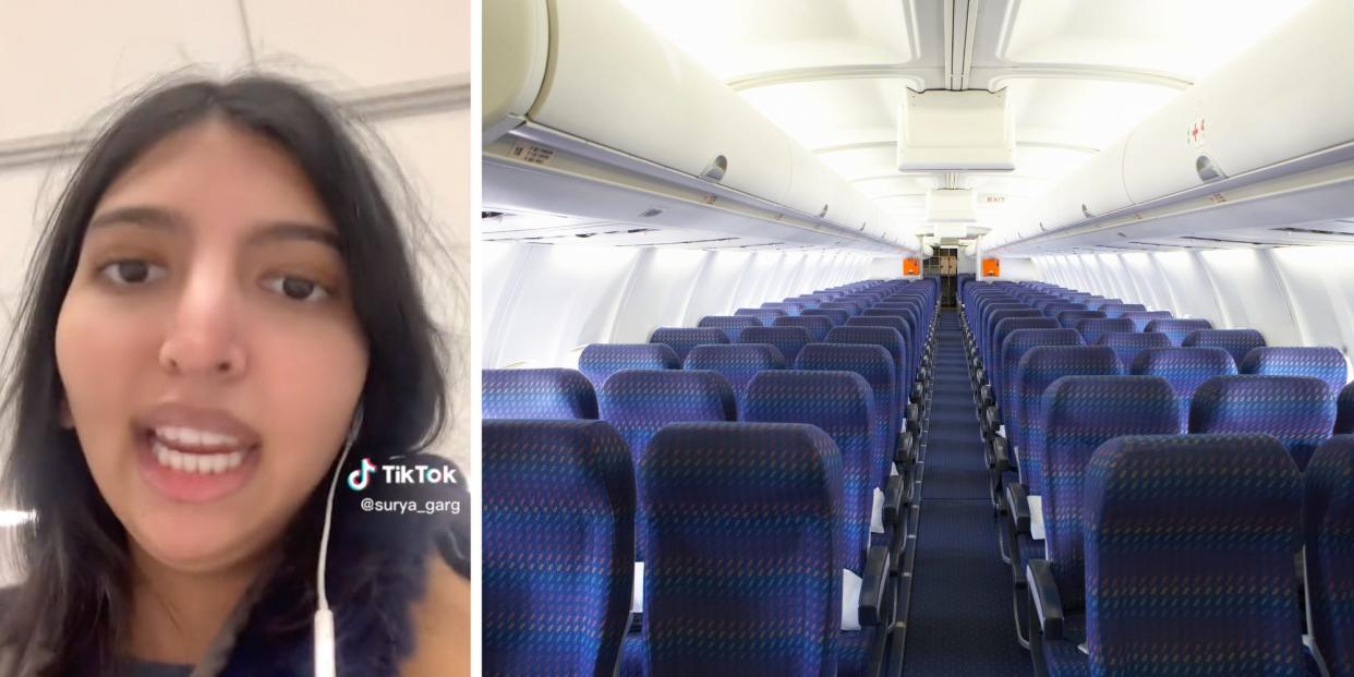 A screenshot from Surya Garg's TikTok and a picture of an empty plane.