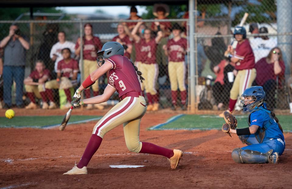 Emma Gilmore (9) makes contact during the Northview vs Jay 1A regional semifinal playoff softball game at Jay High School on Thursday, May 12, 2022.