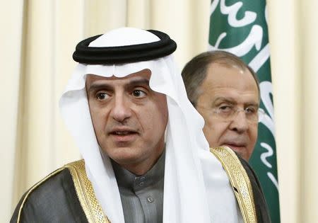 Russian Foreign Minister Sergei Lavrov (R) and his counterpart from Saudi Arabia Adel al-Jubeir attend a news conference after the talks in Moscow, Russia, April 26, 2017. REUTERS/Sergei Karpukhin