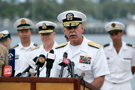 FILE PHOTO - United States Navy Admiral Scott Swift speaks at a press conference at Joint Base Pearl Harbor Hickam about the multi-national military exercise RIMPAC in Honolulu, Hawaii, July 5, 2016. REUTERS/Hugh Gentry/File Photo