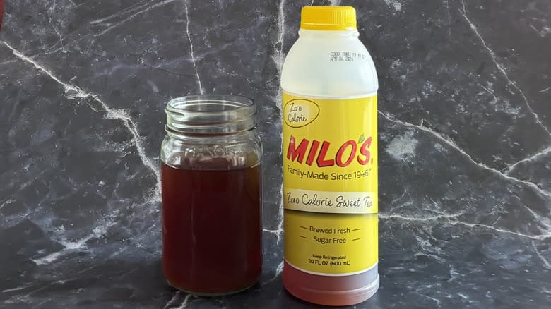 Milo's sweet tea bottle with glass