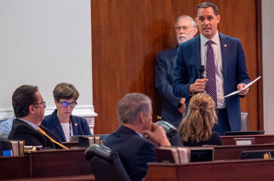 Sen. Graig Meyer, a Caswell, Orange and Person County Democrat,debates the state budget bill Friday, Sept. 22, 2023 on the Senate Floor of the General Assembly. Sen. Meyer raised numerous concerns with public records language in the budget bill.