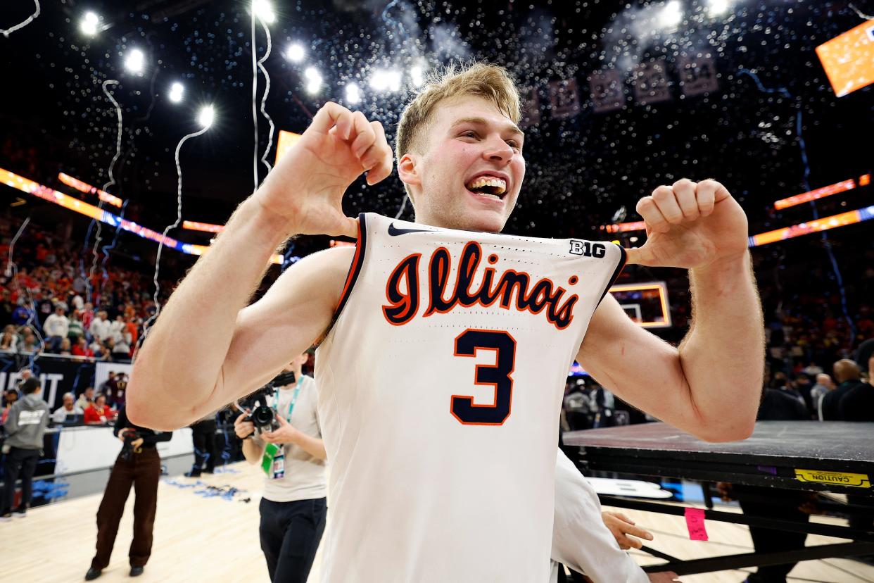MINNEAPOLIS, MINNESOTA - MARCH 17: Marcus Domask #3 of the Illinois Fighting Illini celebrates after the game against the Wisconsin Badgers at Target Center during the Championship game of the Big Ten Tournament on March 17, 2024 in Minneapolis, Minnesota. The Fighting Illini defeated the Badgers 93-87. (Photo by David Berding/Getty Images)