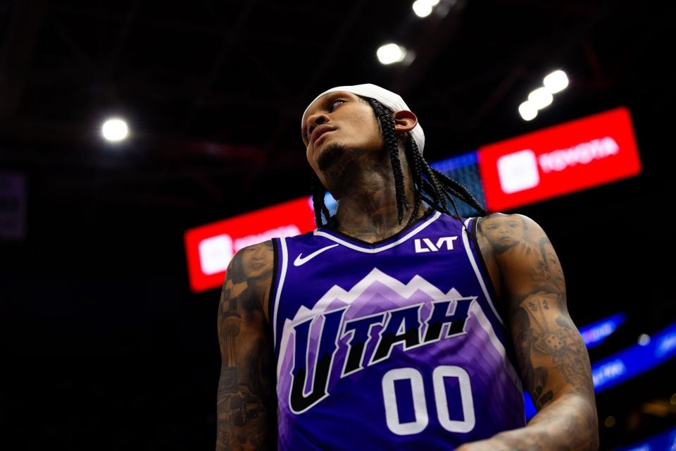 Utah Jazz guard Jordan Clarkson (00) reacts to a missed 3-pointer during the NBA basketball game between the Utah Jazz and the Oklahoma City Thunder at the Delta Center in Salt Lake City on Thursday, Jan. 18, 2024. | Megan Nielsen, Deseret News