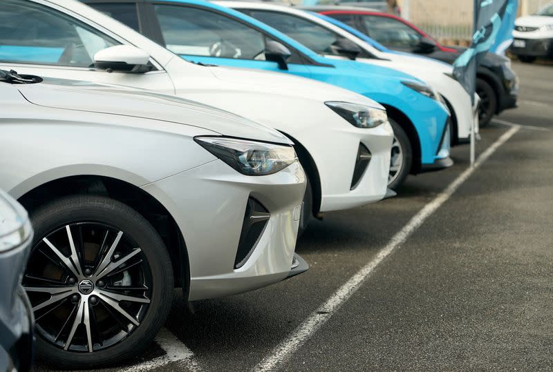 MG vehicles are seen on display at the MG dealership in Cognac