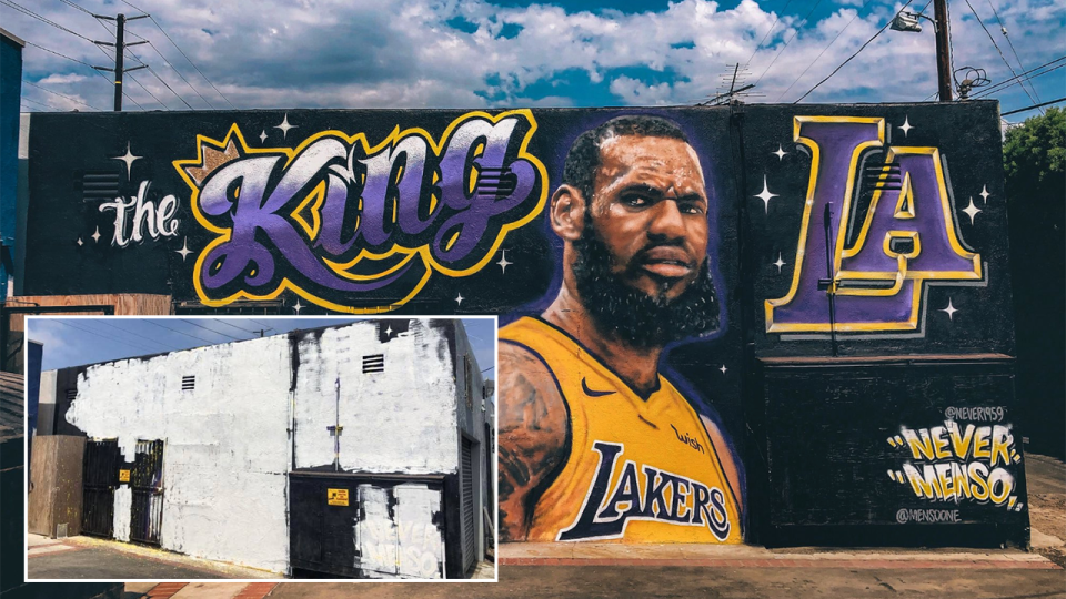 The LeBron mural after it was covered over with white paint (inset). Pic: GodzoBall | Twitter