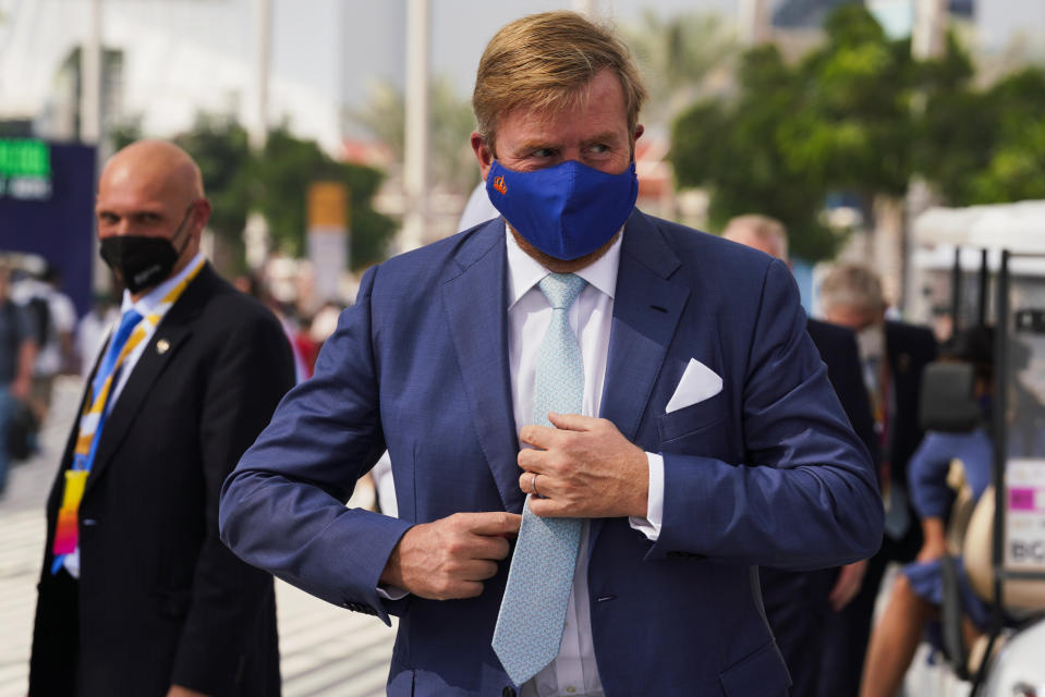 King Willem-Alexander arrives at the Netherlands pavilion at Expo 2020 in Dubai, United Arab Emirates, Wednesday, Nov. 3, 2021. King Willem-Alexander and Queen Maxima of the Netherlands are in the United Arab Emirates as part of a royal trip to the country to visit Dubai's Expo 2020. (AP Photo/Jon Gambrell)