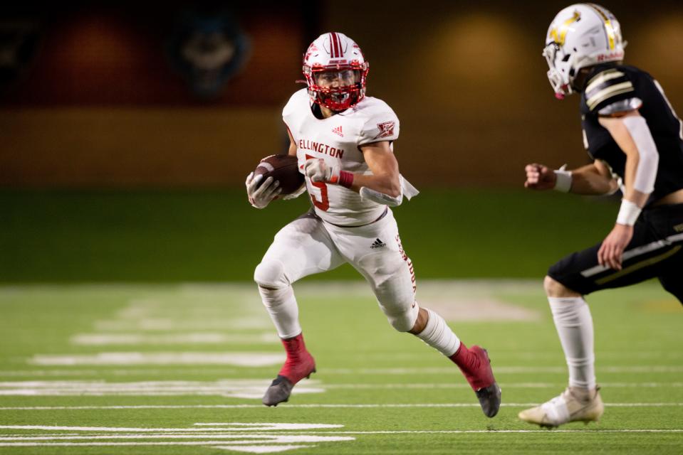 Wellington’s Marc Ramirez (5) looking to run down field during a playoff game Friday November 12th, Vega vs Wellington in Canyon. Trevor Fleeman/For Amarillo Globe-News.