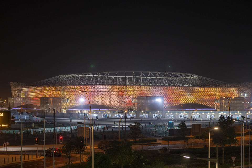 A general view of the Al-Rayan Stadium in Doha, Qatar, Monday, Dec. 6, 2021. Qatar has built eight stadiums for this World Cup and created an entire new city of Lusail where the final will be held. (AP Photo/Darko Bandic)