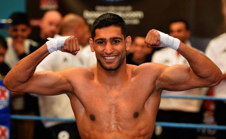 British boxer Amir Khan takes part in a training session at The English Institute of Sport in Sheffield, northern England, on April 24, 2013