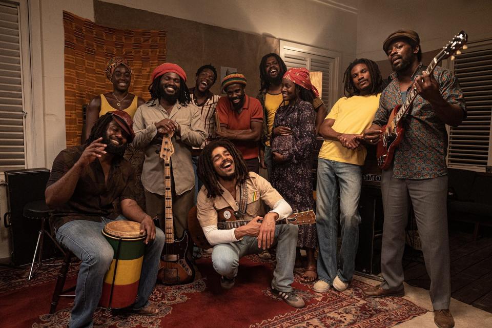 Bob Marley (played by Kingsley Ben-Adir) with his band, The Wailers, in "One Love."