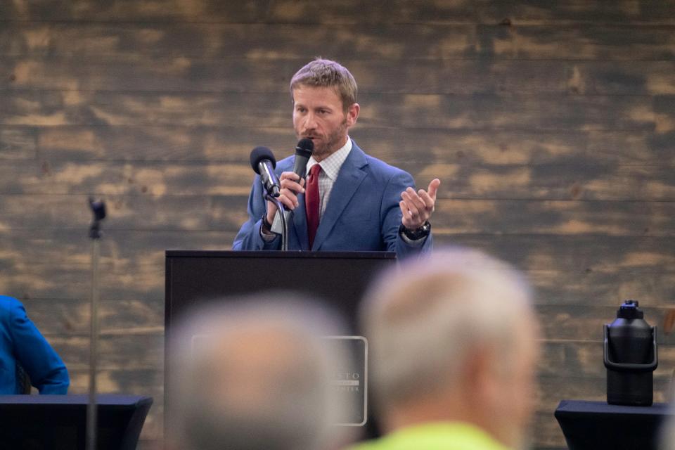 Pueblo County Commissioner Zach Swearingen speaks at a town hall meeting regarding the future of nuclear energy in Pueblo on Thursday, February 29, 2024.
